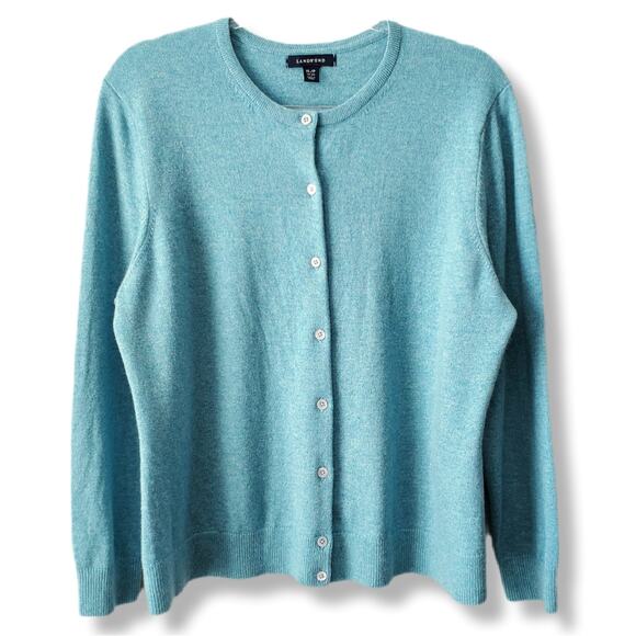 Lands' End Sweaters - Women Lands End Blue Cashmere Button Cardigan Sweater XLP Preppy Cozy Luxury NEW